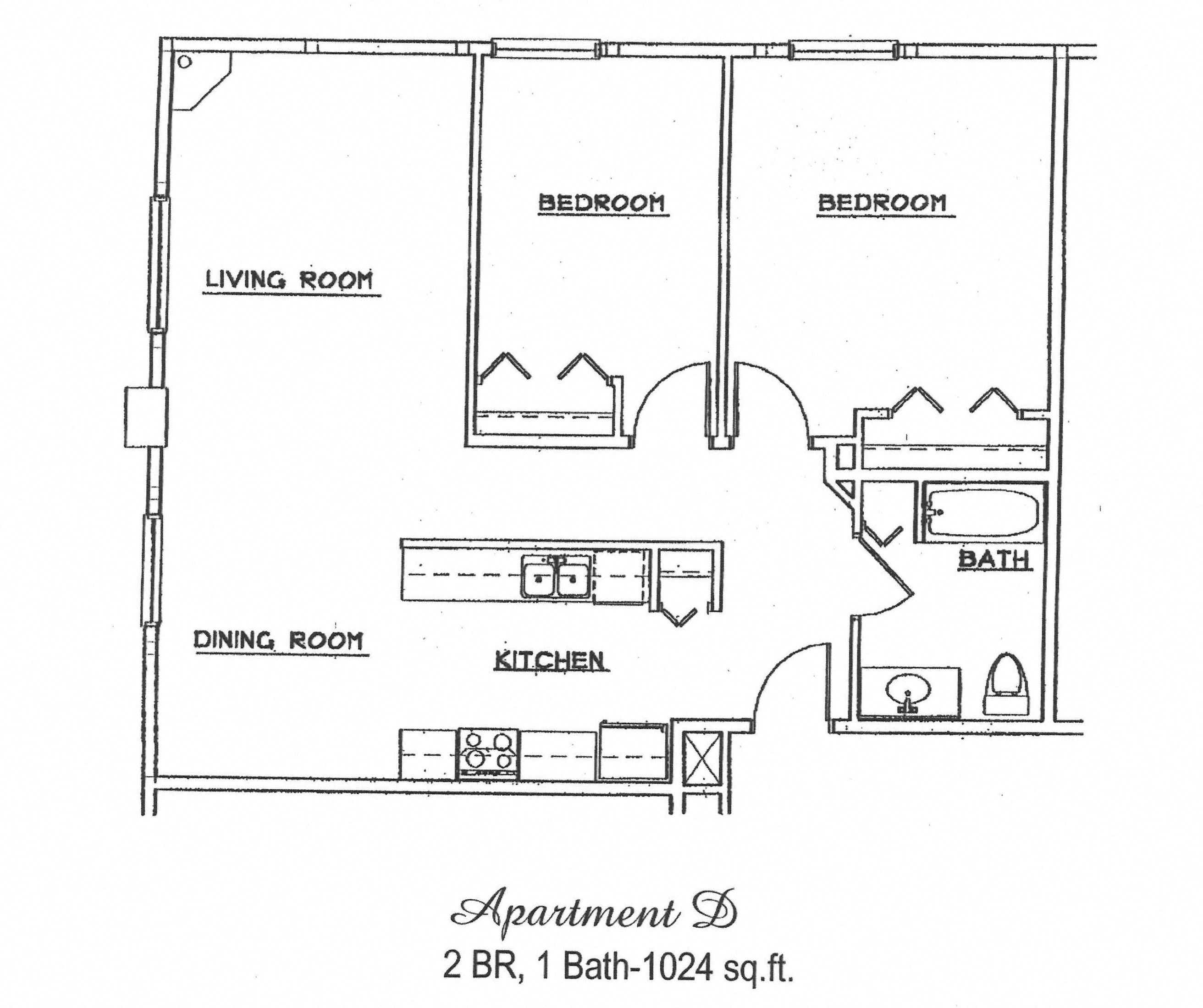 Floor plan for 2 beds, 1 bath, 1024 sqft